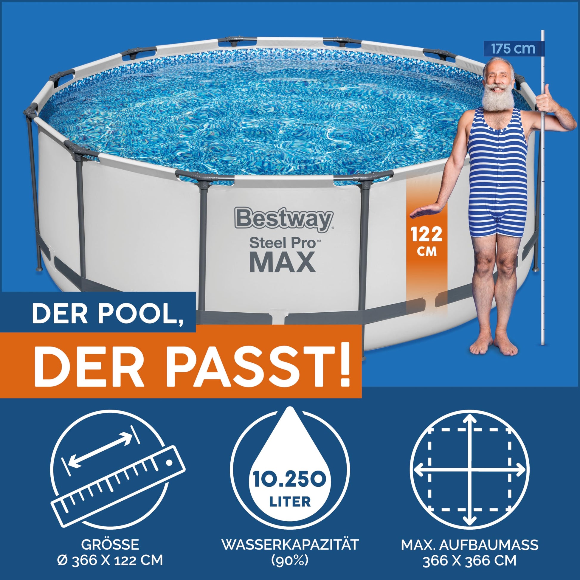 Bestway Steel Pro MAX™ Aufstellpool Komplett-Set mit Filterpumpe Ø 366 x 122 cm